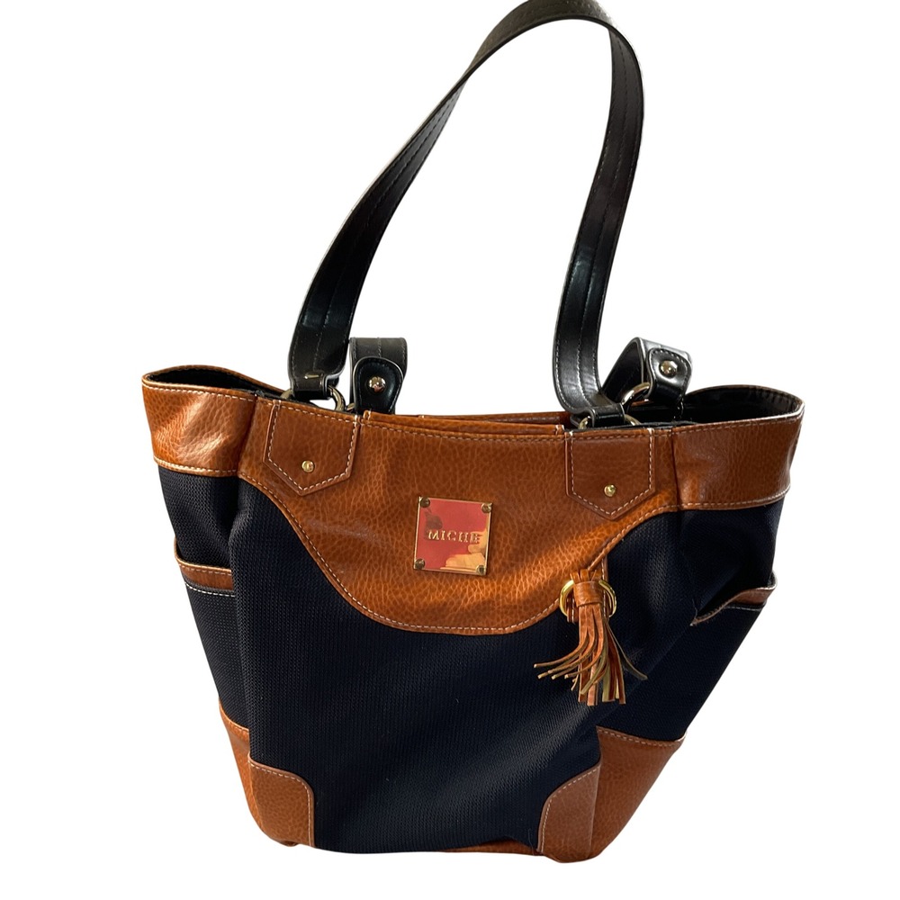 Miche Misty Demi Navy Blue Canvas and Brown Faux Leather Shoulder Tote Purse
